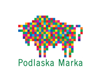 Logo województwa podlaskiego - żubr złożony z kolorowych kwadratów na białym tle. Pod spodem zielony napis Podlaska Marka