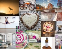 Kolaż zdjęć przedstawiających produkty zgłoszone do Podlaskiej Marki Roku m.in. bociana, piernikowe serce, rower