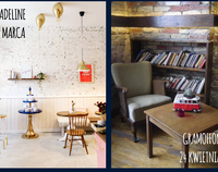 Dwa wnętrza. Po prawej kawiarnia Gramoffon - na pierwszym planie stolik, za nim fotel, w tle regał z książkami, całość w brązowej kolorystyce; u dołu data 27 kwietnia. Po lewej kawiarnia Madeline - na pierwszym planie krzesło, dalej dwa stoliki, w tle półka z książkami, całość w kremowej kolorystyce; w lewym górnym rogu data 27 marca.