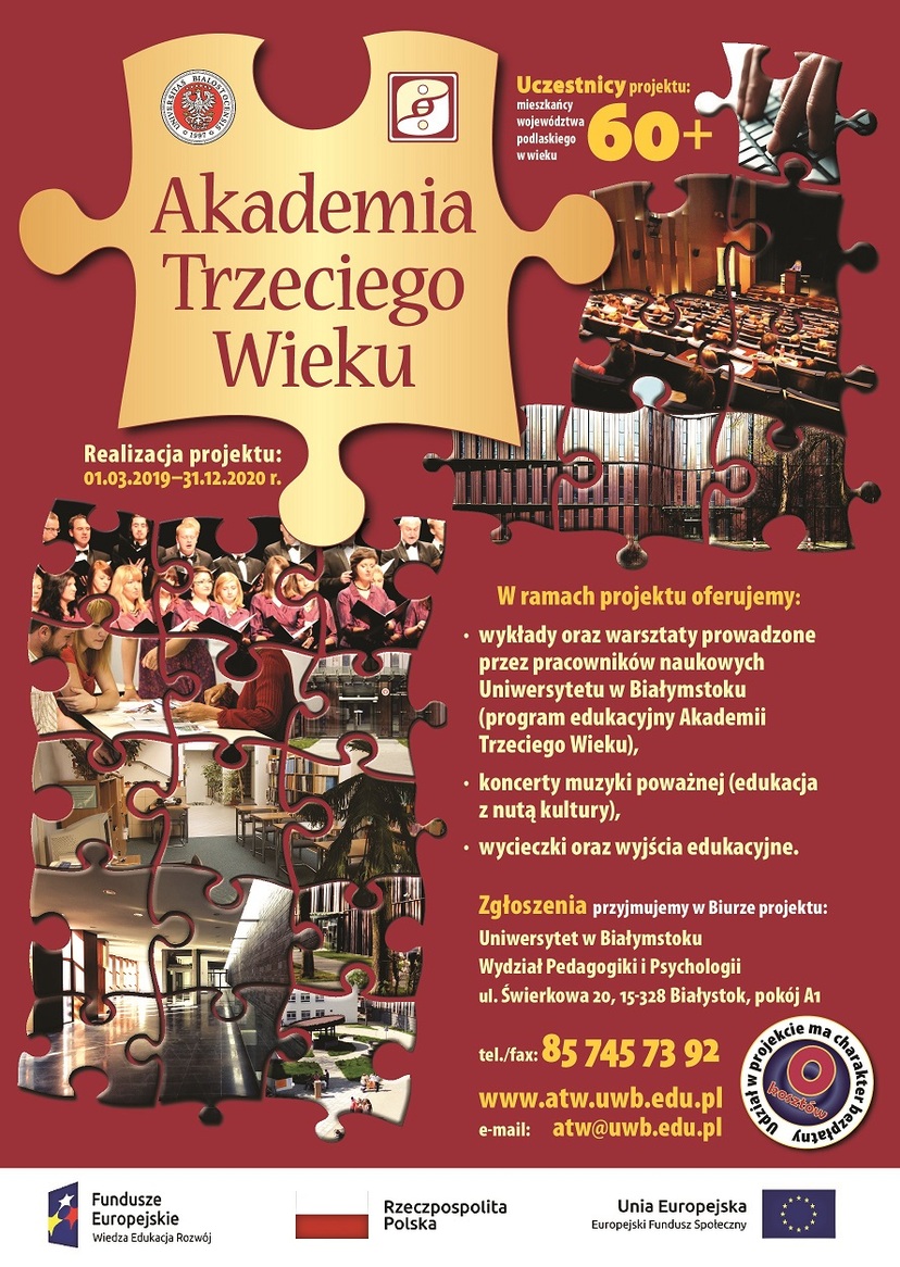plakat Akademia Trzeciego Wieku, informacja o zajęciach, zdjęcia grupy seniorów w formie puzzli