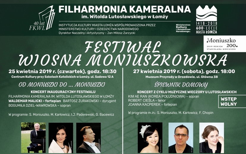 Plakat festiwalu Moniuszkowskiego z programem koncertowym 25 i 27 kwietnia 2019 r.