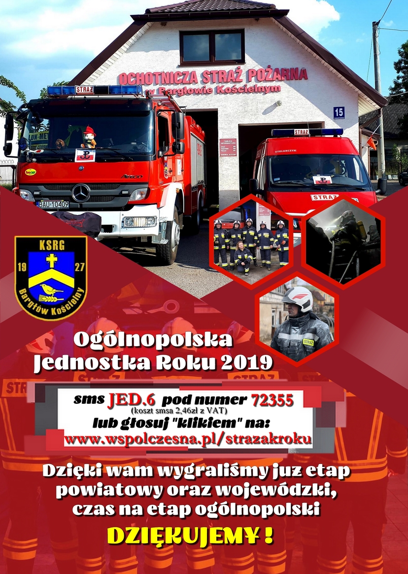 OSP Bargłów Kościelny -plakat Konkurs Jednostka Roku 2019 - na foto widoczne dwa pojazdy strażackie i dane o konkursie