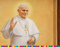 Fragment obrazu. Jan Paweł II na żółtym tle trzyma dłoń w geście błogosławieństwa.