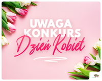 Grafika z informacją o konkursie na Dzień Kobiet. W rogach tulipany.