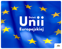 Napis Dzień Unii Europejskiej umieszczony na tle flagi Unii Europejskiej