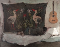 KOBZAR - obraz przedsatwia leżącego na łózku człowieka, skulonego i odwórconego plecami , na ścianie makatka z bocianami. Obok wisi gitara