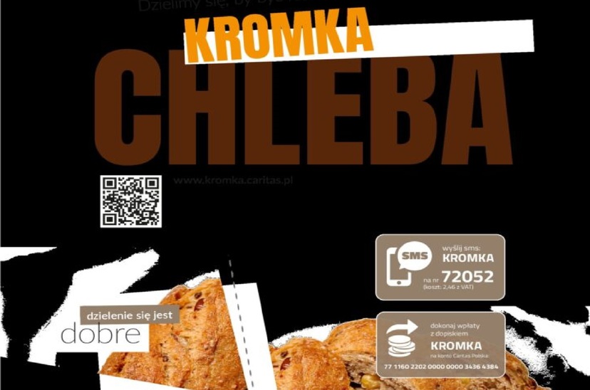 Plakat akcji "Kromka Chleba", widoczne pieczywo i hasło akcji