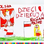 napis Dzieci dziękują, Kocham Polskę, dziewczyna, flaga Polski i godło
