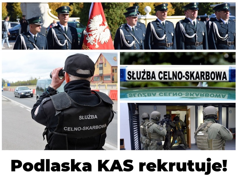 zdjęcia z pracownikami Podlaskiej KAS i napisem Podlaska KAS rekrutuje