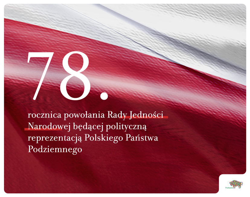 Informacje nt. rocznicy na tle polskiej flagi.