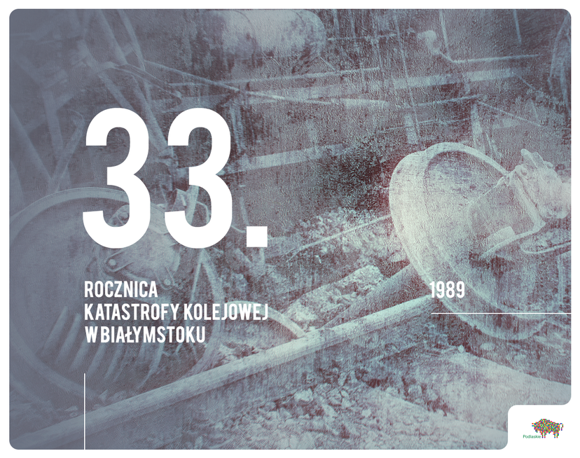 czarno-białe zdjęcie torów i części pociągu oraz napis: 33. rocznica katastrofy kolejowej w Białymstoku