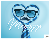 Niebieskie tło, linia linia układająca się w kształcie serca. W środku okulary i wąsy oraz napis Dzień Mężczyzn.