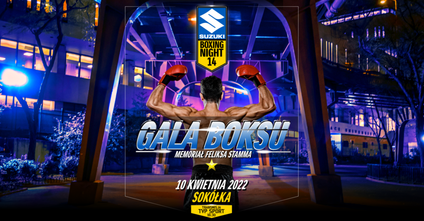 Plakat zapowiadający Galę Boxing Night - ring, przed nim pięściarz z uniesionymi w rękawicach rękoma - napis - Gala Boksu