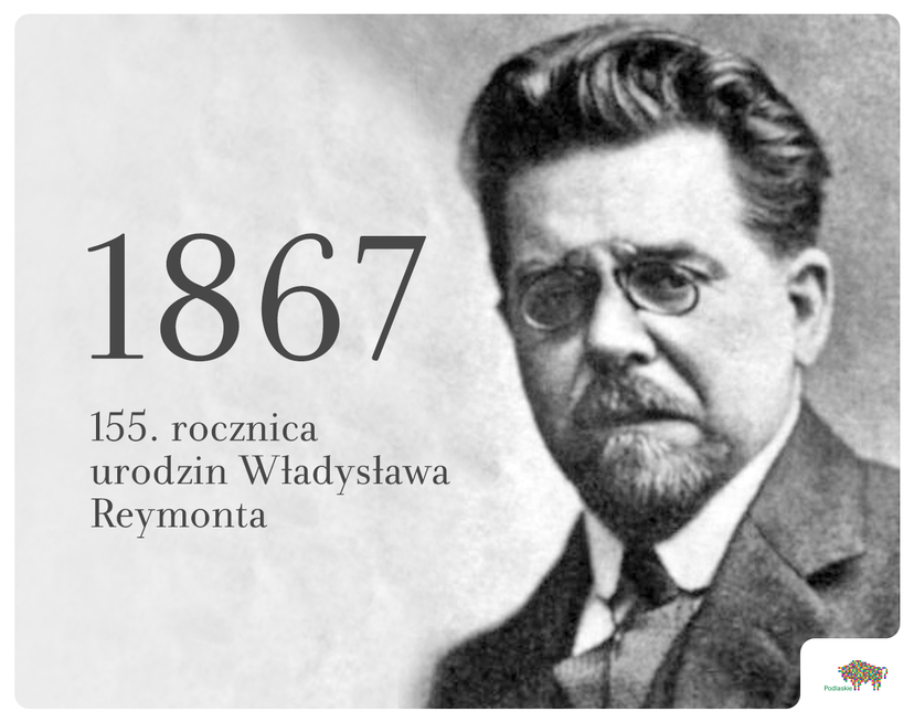 Popiersie Władysław Reymonta. Obok informacje o 155. rocznicy jego urodzin, dostępne także w tekście