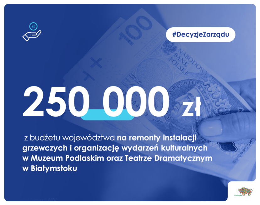 250 000 zł z budżetu województwa dla na remont instalacji grzewczych w Muzeum Podlaskim i Teatrze Dramatycznym oraz na organizację wydarzeń kulturalnych.