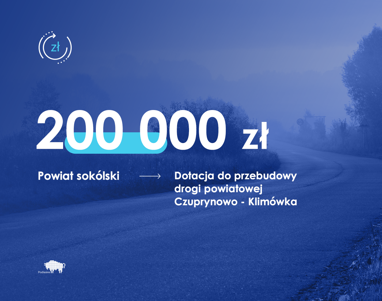 Grafika zawiera dane o przekazaniu 200 tys. zł dotacji do przebudowy drogi powiatowej Czuprynowo-Klimówka