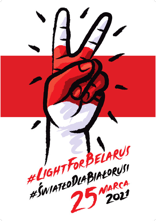 Na tle flagi uniesiona dłon w geście wolności. Podpis #LightForBelarus