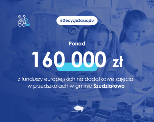 Grafika z napisem: Ponad 160 000 zł z funduszy europejskich na dodatkowe zajęcia w przedszkolach w gminie Szudziałowo