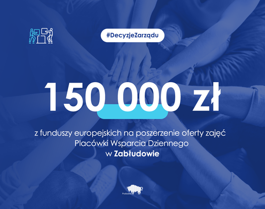 Grafika z informacją o przyznaniu przez zarząd 150 tys. zł dla Placówki Wsparcia Dziennego w Zabłudowie..