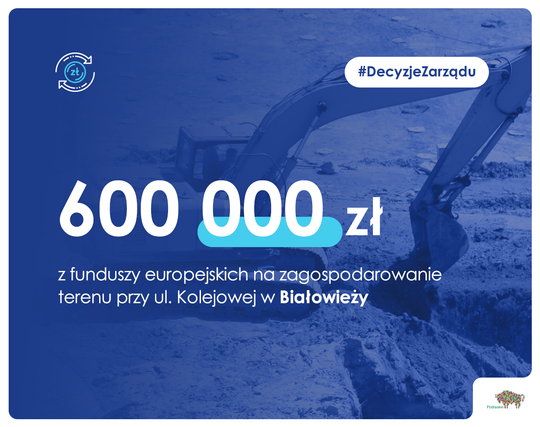 Plansza z kwotą 600 tys. zł dla gminy Białowieża na niebieskim tle