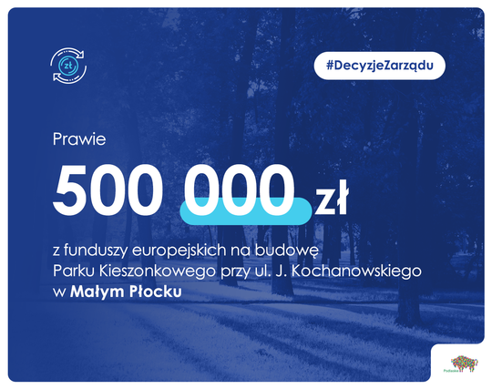 Plansza z kwotą pawie 500 tys. zł dla gminy Mały Płock na niebieskim tle