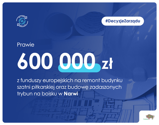 Plansza z kwotą prawie 600 tys. zł dla gminy Narew na niebieskim tle