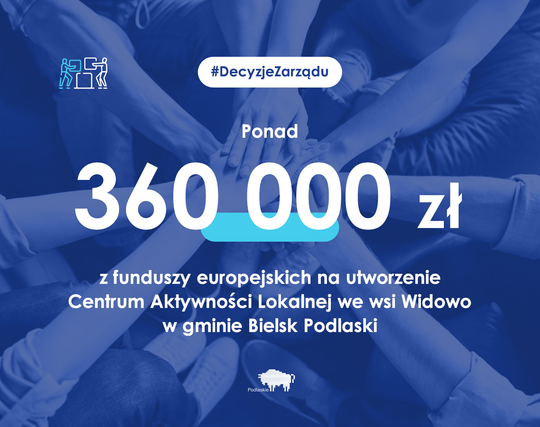 Niebieska plansza z napisem: Ponad 360 000 zł z funduszy europejskich na utworzenie centrum Aktywności lokalnej we wsi Widowo w gminie Bielsk Podlaski.