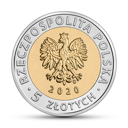 Awers monety 5 złotowej z wizerunkiem orła z godła Polski 2020