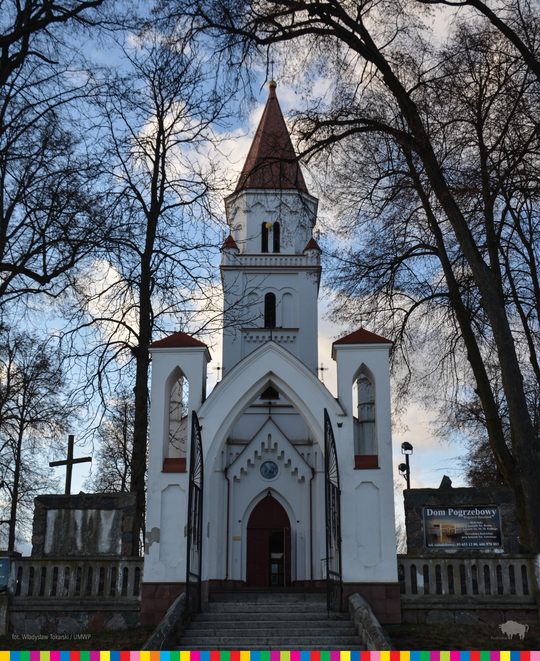 Między drzewami widoczny kościół pw. św. Antoniego Padewskiego w Niewodnicy Kościelnej