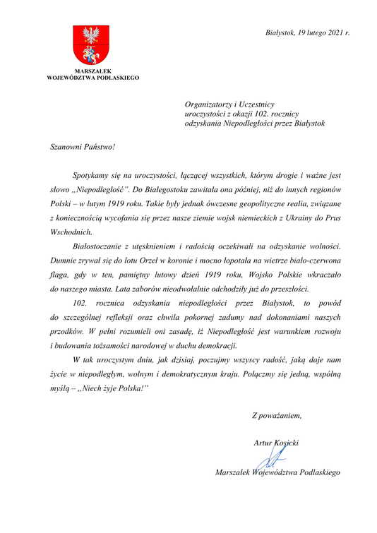 List Artura Kosickiego, Marszałka Województwa Podlaskiego w związku z obchodami 102. rocznicy odzyskania niepodległości przez Białystok.
