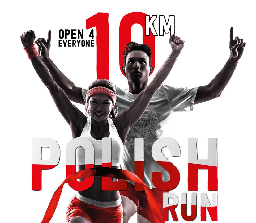 Plakat promujący imprezę Polish Run z mężczyzną i kobietą, którzy unoszą ręce do góry w geście triumfu