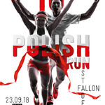 Plakat promujący imprezę Polish Run z mężczyzną i kobietą, którzy unoszą ręce do góry w geście triumfu