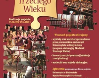 plakat Akademia Trzeciego Wieku, informacja o zajęciach, zdjęcia grupy seniorów w formie puzzli