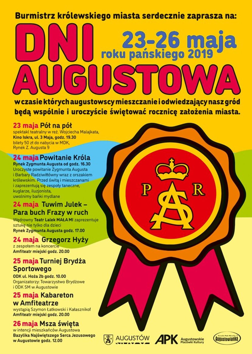 Kolorowy plakat z herbem Augustowa. Informacje dotyczące poszczególnych imprez.