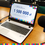 Laptop, na którym wyświetlona jest plansza z kwotą 1 500 000 zł, którą PFRON przeznacza na wkłady własne do projektów.