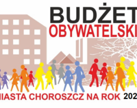 Plakat Budżetu Obywatelskiego Choroszczy 2020 - logo i grafika ludzi na tle budynków.