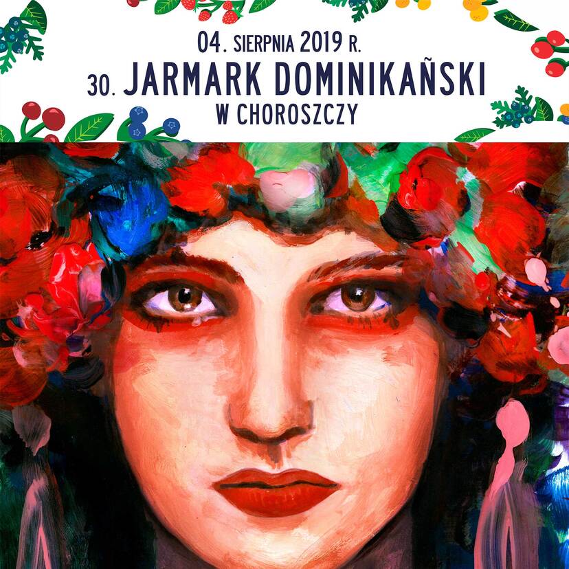 Plakat promujacy Jarmark Dominikański przedsatwia twarz kobiety w wieńcu z polnych kwiatów.jpg