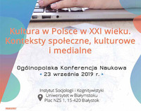 Plakat konferencji pt.: "Kultura Konteksty" - ręce nad klawiaturą laptopa, tytuł i miejsce konferencji.