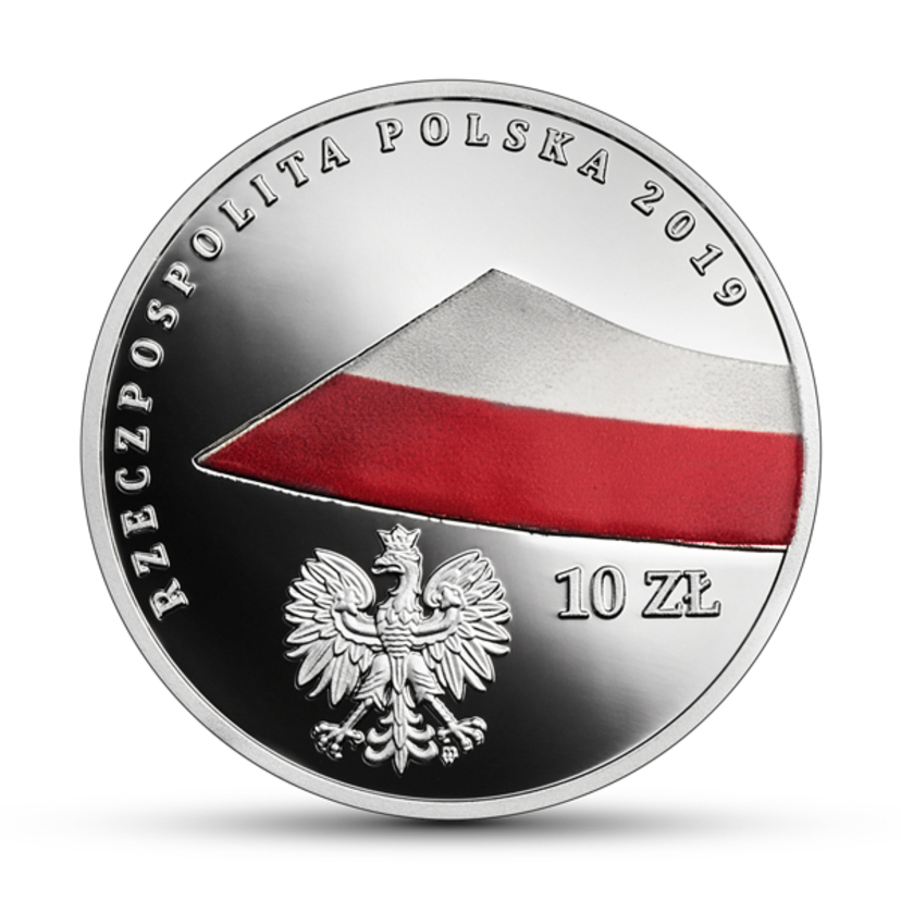 Awers monety przedstawiający orła w koronie, nad nim unosząca się biało-czerwona flaga, wybita wartość monety 10 zł oraz wzdłuż obrzeża napis Rzeczpospolita Polska 2019.