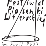 Logo festiwalu przedstawiający figurę geometryczną złożoną z czarnych linii na białym tle. Figurę przecina napis Festiwal Piosenki Literackiej. Pod figurą napis 