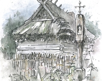 Rysunek przedstawiający wiejską chatę krytą strzechą i drewnianą kapliczkę zwieńczoną krzyżem.