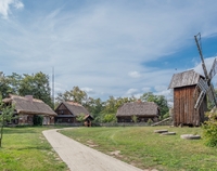 Wiatrak i trzy drewniane chaty wiejskie kryte słomą.