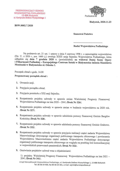 Porządek obrad XXIII sesji Sejmiku Województwa Podlaskiego