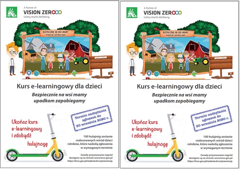 Dwa plakaty zapraszające dzieci do udziału w kursie e-learningowym pt. ,,Bezpiecznie na wsi mamy - upadkom zapobiegamy”.