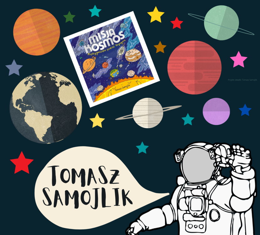 fragment plakatu, rysuki planet i kosmonauty