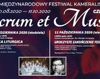 plakat wydarzenia, napis Sacrum et Musica; fotografia dyrygenta i chóru; obok daty wydarzeń