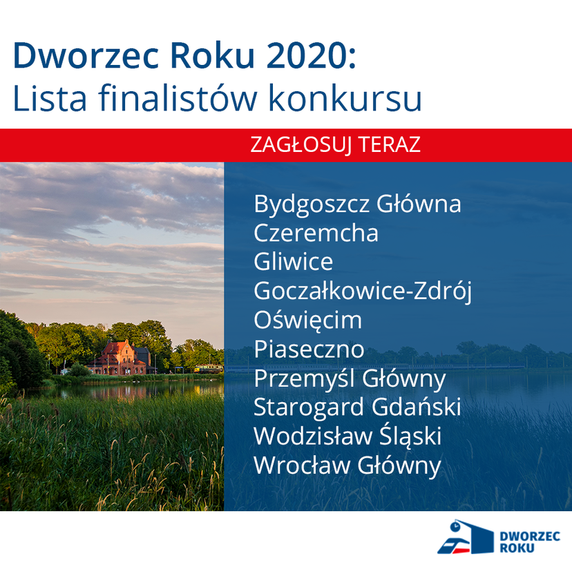 Dworzec Roku 2020. Grafika z listą finalistów konkursu.