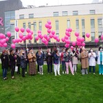 Zebrane przed budynkiem BCO osoby trzymają różowe balony.