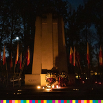 Wieńce i znicze przed pomnikiem poświęconym poległym żołnierzom Wojska Polskiego. 