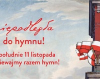 Grafika zachęcająca do odśpiewania hymnu. Po prawen narysowane polskie flagi.